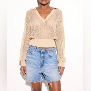 Spiritual Gangster Mona Crochet Crop Top Collared Tan Cotton Small  NEW